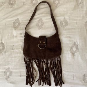 Brown real suede fringe bag